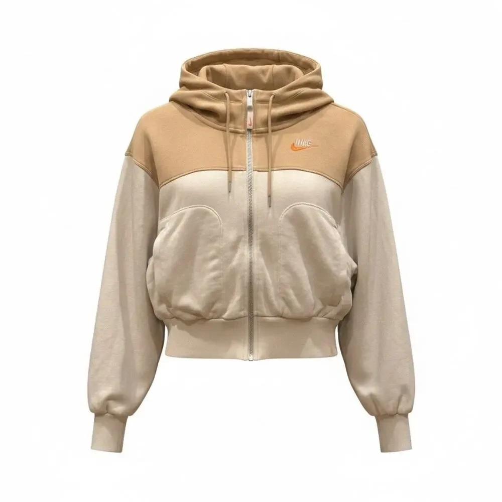 Nike Sportswear Phoenix Fleece Cropped Full Zip Hoodie XS Tan Cream FB7211-104